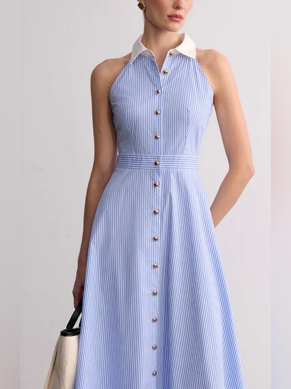 Commense nwt Sleeveless Blue Stripe Halter-Collar Button-Front Dress xs